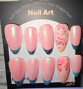 Blue tip almond press on nails with floral