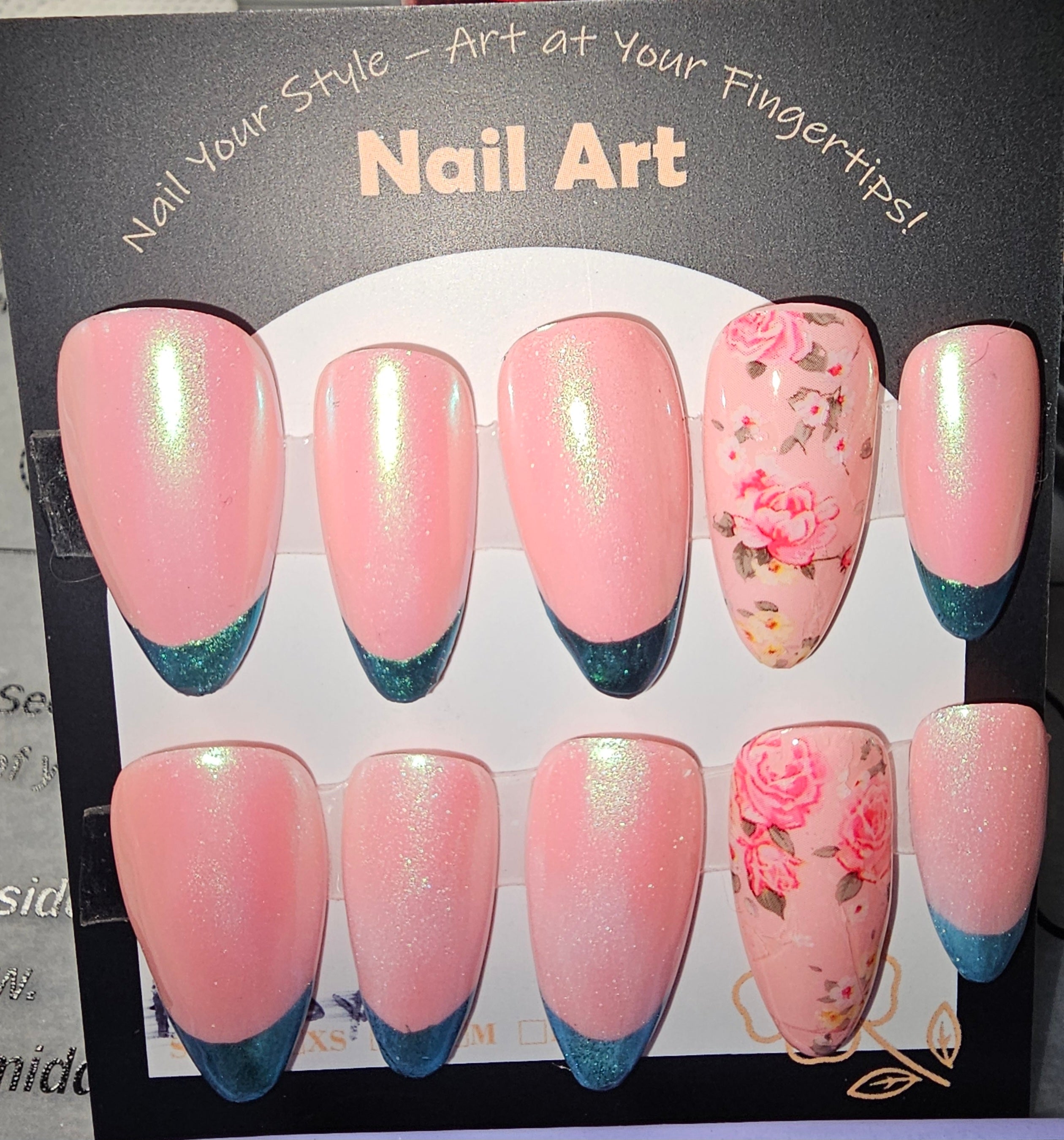 Blue tip almond press on nails with floral