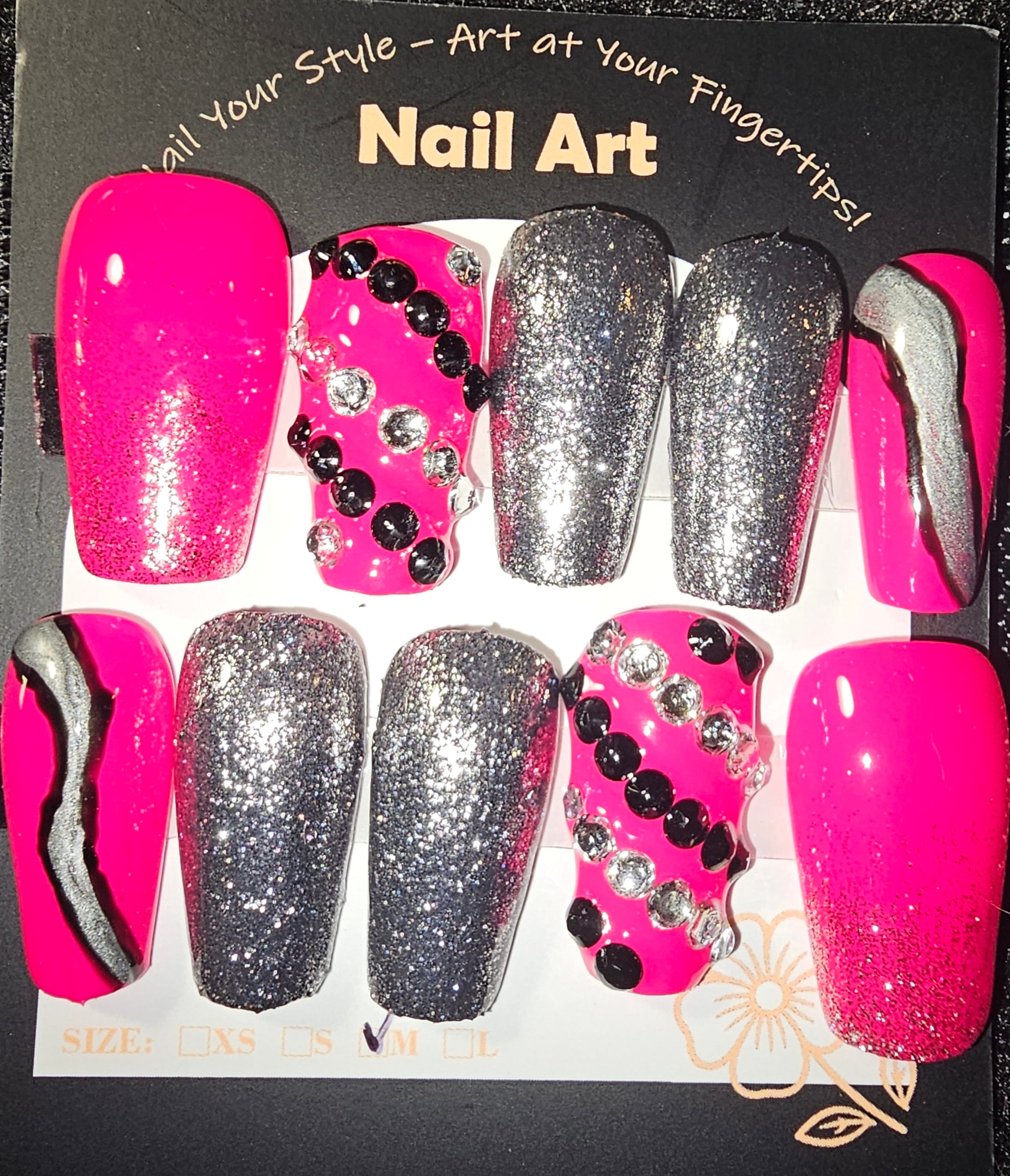 Hot Pink and Silver with rhinestones press on nails