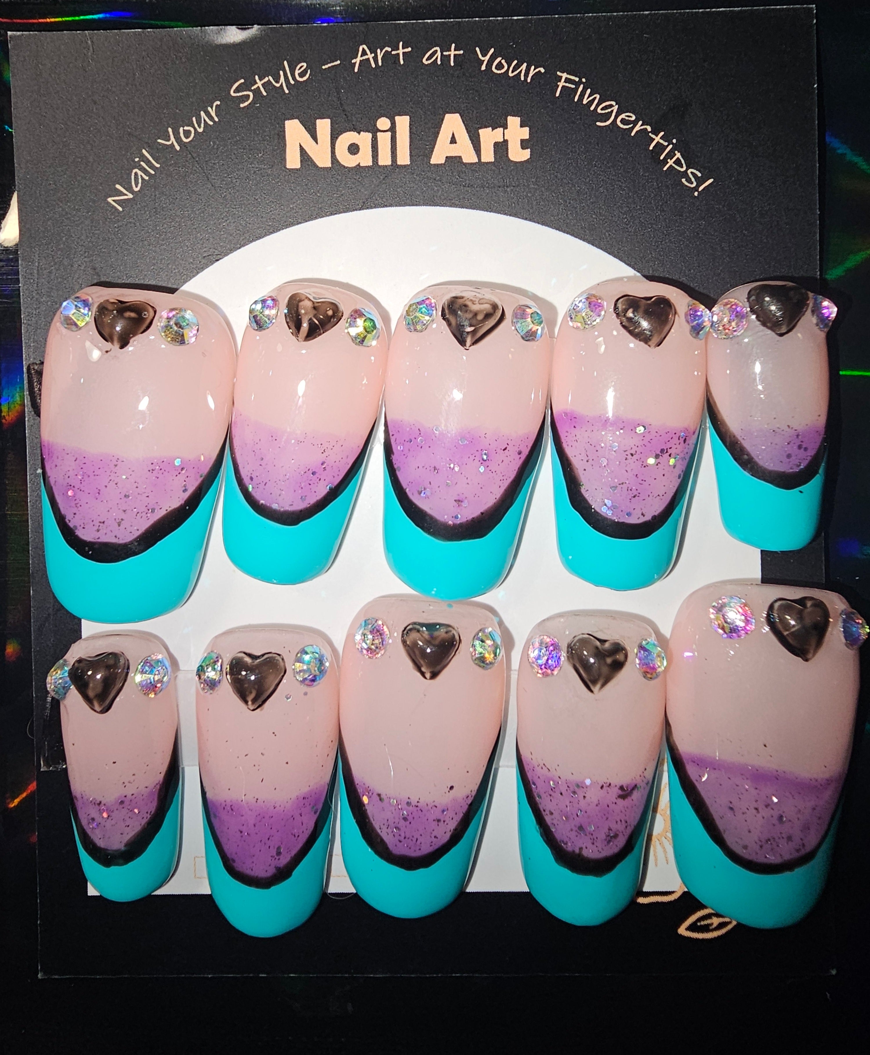 Tiffany blue french tip with accent design press on nails