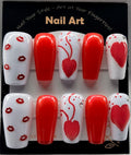 Red and white hearts and kisses press on nails